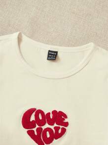 SHEIN EZwear 愛心和字母圖案短款T恤 - 米色 - 查看 4