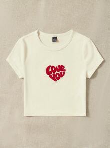 SHEIN EZwear 愛心和字母圖案短款T恤 - 米色 - 查看 6