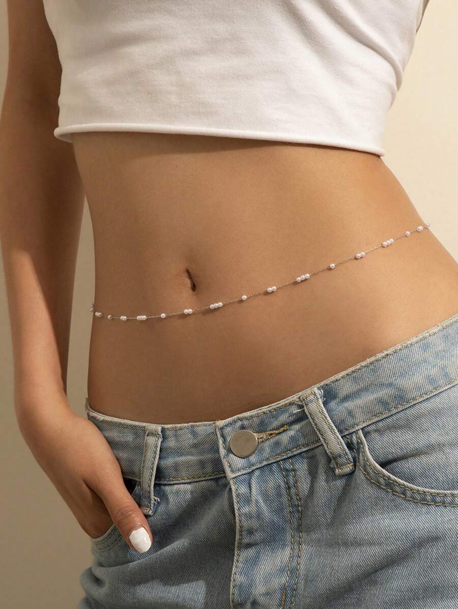 1pc Fashion Copper Faux Pearl Decor Waist Chain For Women For Gift - Silver - View 1
