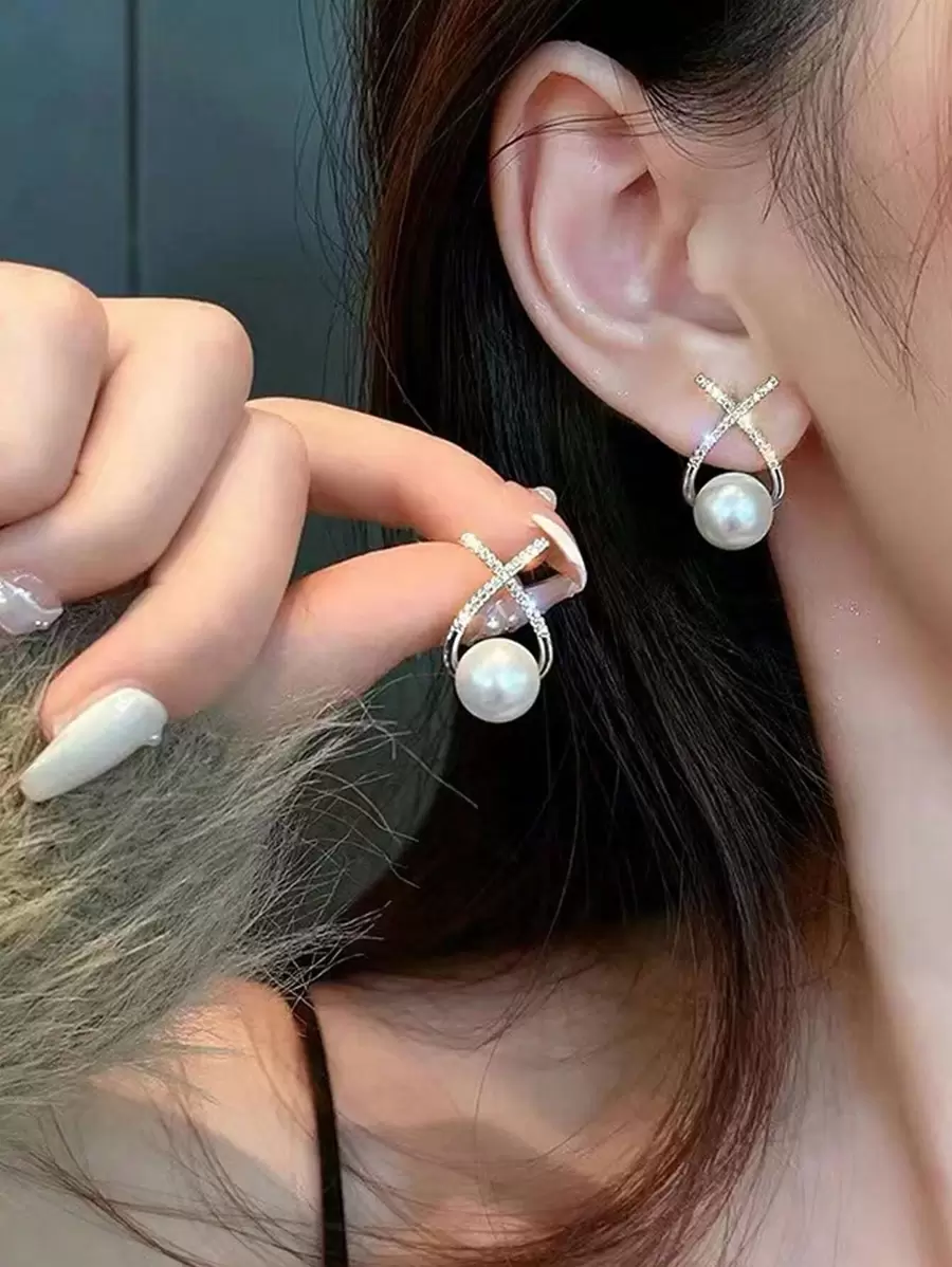 1pair Fashion Zinc Alloy Faux Pearl Decor Stud Earrings For Women For Daily Life