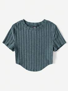 SHEIN EZwear 素色弧形下擺T恤 - 霧霾藍 - 查看 3