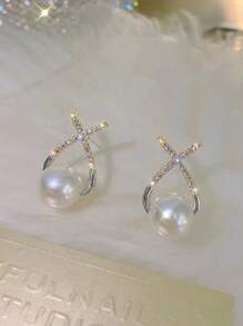 1pair Fashion Zinc Alloy Faux Pearl Decor Stud Earrings For Women For Daily Life - Silver - View 3