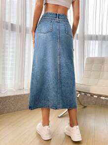 SHEIN Frenchy High Waist Split Thigh Denim Skirt Winter Elegant - Medium Wash - View 2
