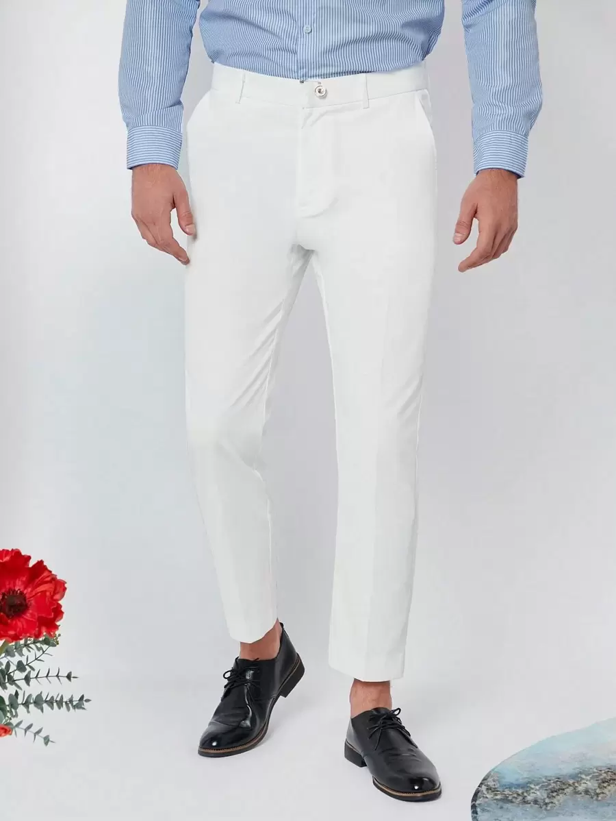 GENTILAND Men Suit Pants Nút Túi Dây kéo màu trơn - trắng - Xem 1