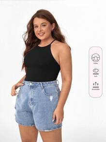 SHEIN BASICS Top Halter Sólido De La Talla Más Grande - Negro - Ver 1