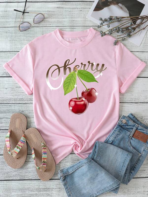Cherry And Letter Graphic Tee SHEIN USA