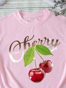 SHEIN LUNE Cherry And Letter Graphic Tee - Baby Pink - View 3