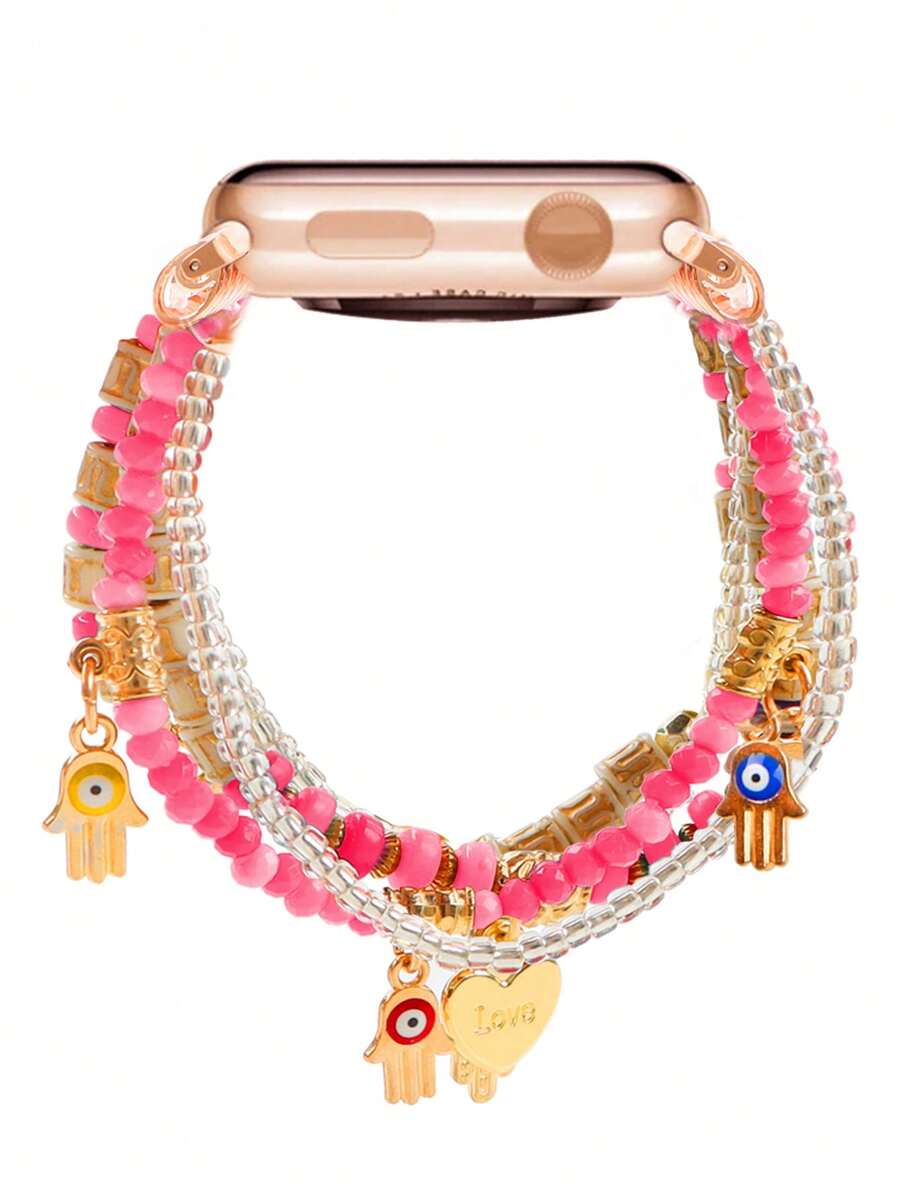 1pc Hamsa Hand Decor Beaded Watchband Compatible With Apple Watch - Multicolor - View 1