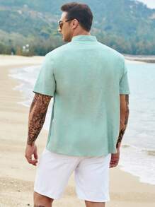 Manfinity Homme 男士半排扣素色襯衫 - 軍綠色 - 查看 2