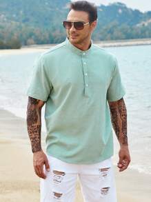 Manfinity Homme 男士半排扣素色襯衫 - 軍綠色 - 查看 4