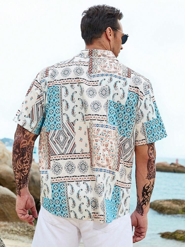 Manfinity RSRT Men Plus Size Paisley Print Shirt Short Sleeve Button Up Collar Graphic Colorful Vacation Beach Shirt - Multicolor - View 3