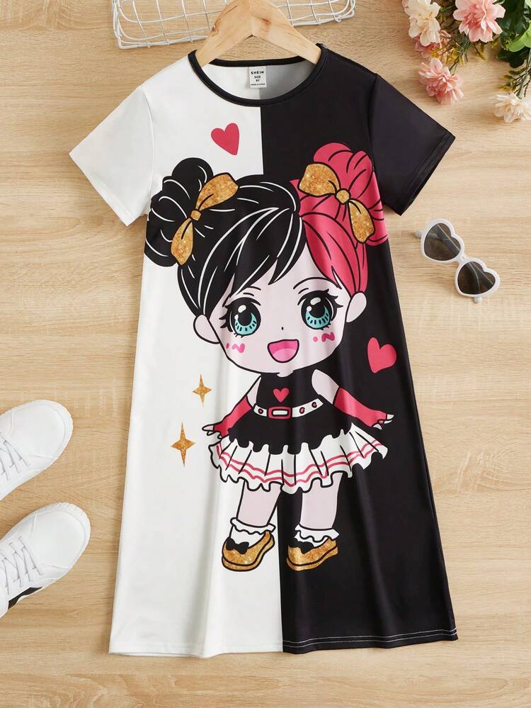 Tween Girl Heart & Cartoon Graphic Two Tone Tee Dress