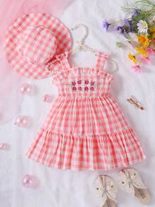 SHEIN Đầm em bé Thêu viền lá sen Viên lá sen Hoa Kẻ sọc - Hồng - Xem 1