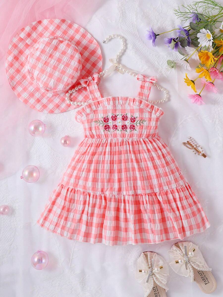 SHEIN Đầm em bé Thêu viền lá sen Viên lá sen Hoa Kẻ sọc - Hồng - Xem 1