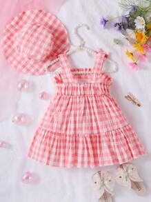 SHEIN Đầm em bé Thêu viền lá sen Viên lá sen Hoa Kẻ sọc - Hồng - Xem 2