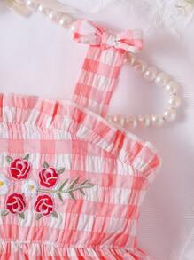 SHEIN Đầm em bé Thêu viền lá sen Viên lá sen Hoa Kẻ sọc - Hồng - Xem 3