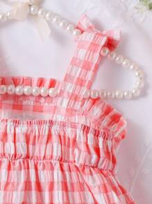 SHEIN Đầm em bé Thêu viền lá sen Viên lá sen Hoa Kẻ sọc - Hồng - Xem 5