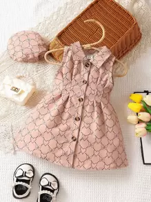 SHEIN Đứa bé gái Hình trái tim & nơ Nút phía trước Váy sơ mi & Mũ - Màu Khaki - Xem 1