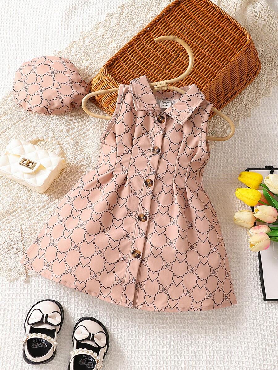 SHEIN Đứa bé gái Hình trái tim & nơ Nút phía trước Váy sơ mi & Mũ - Màu Khaki - Xem 1
