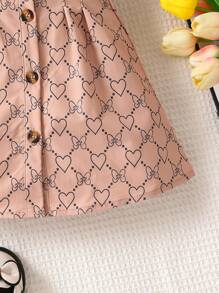 SHEIN Đứa bé gái Hình trái tim & nơ Nút phía trước Váy sơ mi & Mũ - Màu Khaki - Xem 3