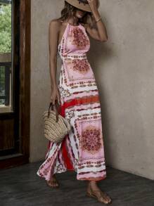 SHEIN VCAY Halter Kleid mit Schal Muster, Schlitz