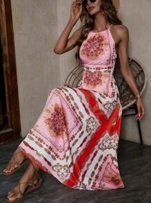 SHEIN VCAY Halter Kleid mit Schal Muster, Schlitz