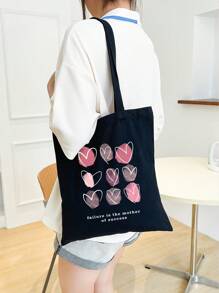 心形印花手提包双手柄学院风单肩包，手提包简约，休闲便携，大容量，适合女孩，适合女士，适合大学生礼品包，户外，旅行，郊游，购物，度假，海滩书包，大容量，经典休闲，可折叠，便携，适合青少年女孩女大学生，非常适合返校，购物，初中，高中，大学情人节 - 黑色 - 查看 4