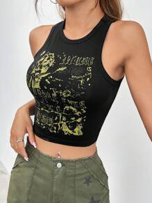 SHEIN EZwear 字母人物圖案短款背心 - 黑色 - 查看 1