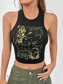 SHEIN EZwear 字母人物圖案短款背心 - 黑色 - 查看 6