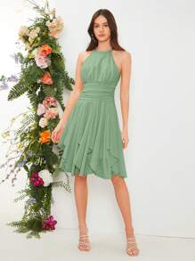 SHEIN Belle Váy phù dâu Nút Xù Dây kéo màu trơn - Màu xanh Bạc hà - Xem 1
