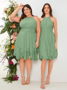 SHEIN Belle Váy phù dâu Nút Xù Dây kéo màu trơn - Màu xanh Bạc hà - Xem 2