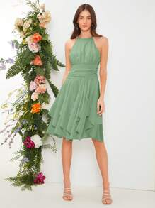 SHEIN Belle Váy phù dâu Nút Xù Dây kéo màu trơn - Màu xanh Bạc hà - Xem 4