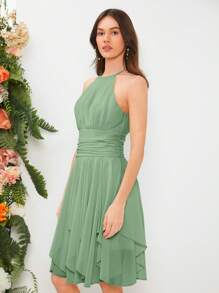 SHEIN Belle Váy phù dâu Nút Xù Dây kéo màu trơn - Màu xanh Bạc hà - Xem 5