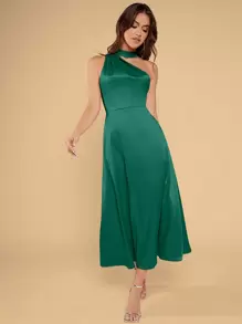 SHEIN Belle Solid Asymmetrical Neck Satin Dress