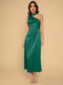 SHEIN Belle Solid Asymmetrical Neck Satin Dress