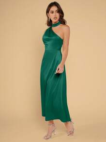 SHEIN Belle Solid Asymmetrical Neck Satin Dress