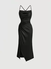 SHEIN Belle Đầm Lộ Lưng Xù Dây kéo Tách cao màu trơn Thanh lịch - màu đen - Xem 1
