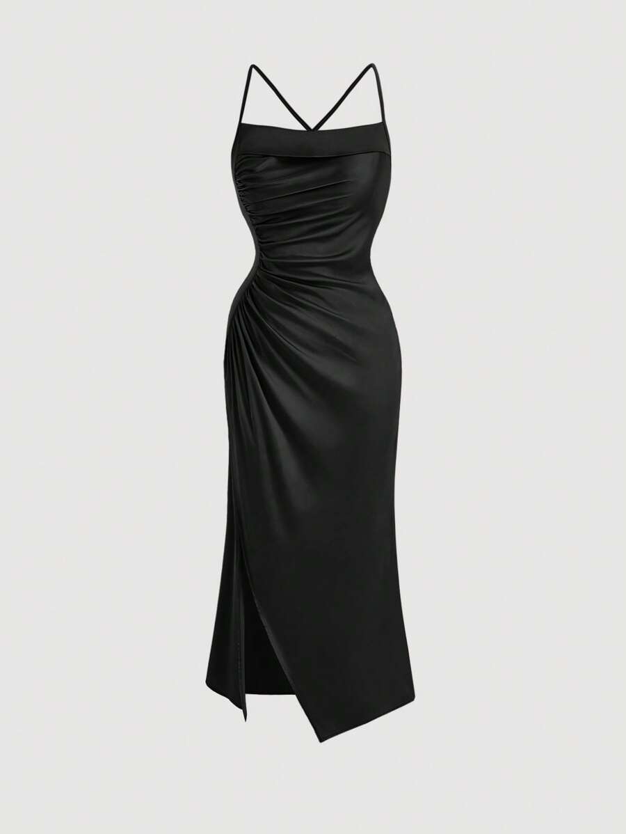 SHEIN Belle Đầm Lộ Lưng Xù Dây kéo Tách cao màu trơn Thanh lịch - màu đen - Xem 1