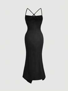 SHEIN Belle Đầm Lộ Lưng Xù Dây kéo Tách cao màu trơn Thanh lịch - màu đen - Xem 9