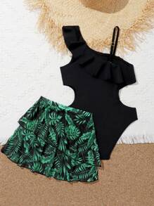 Tween Girl Ruffle Trim Cut Out One Piece Swimsuit & Tropical Print Beach Skirt - Black - View 2