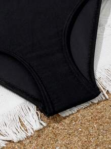 Tween Girl Ruffle Trim Cut Out One Piece Swimsuit & Tropical Print Beach Skirt - Black - View 4