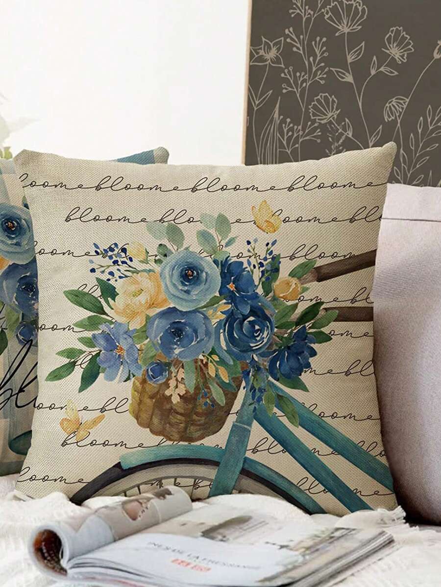 1入組花卉和籃子圖案靠墊套現代亞麻家居裝飾抱枕套