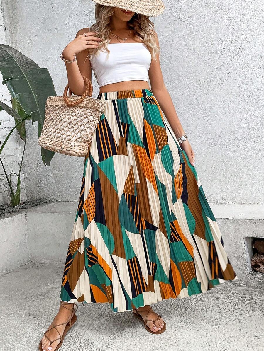 Breezaya Gonne lunghe plissettate con stampa geometrica, outfit da vacanza sulla spiaggia per donne