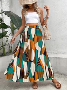 Breezaya Gonne lunghe plissettate con stampa geometrica, outfit da vacanza sulla spiaggia per donne