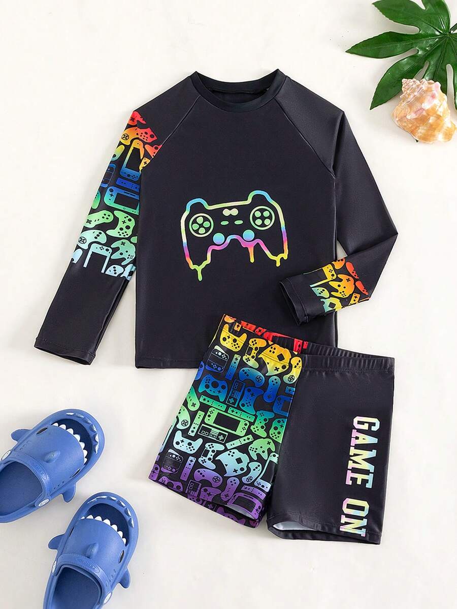 Tween Boy Game Controller Printed Swimwear Set - Black - View 1