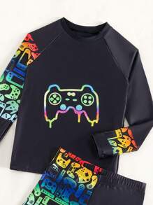 Tween Boy Game Controller Printed Swimwear Set - Black - View 4