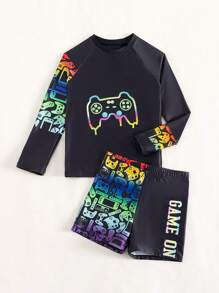 Tween Boy Game Controller Printed Swimwear Set - Black - View 5