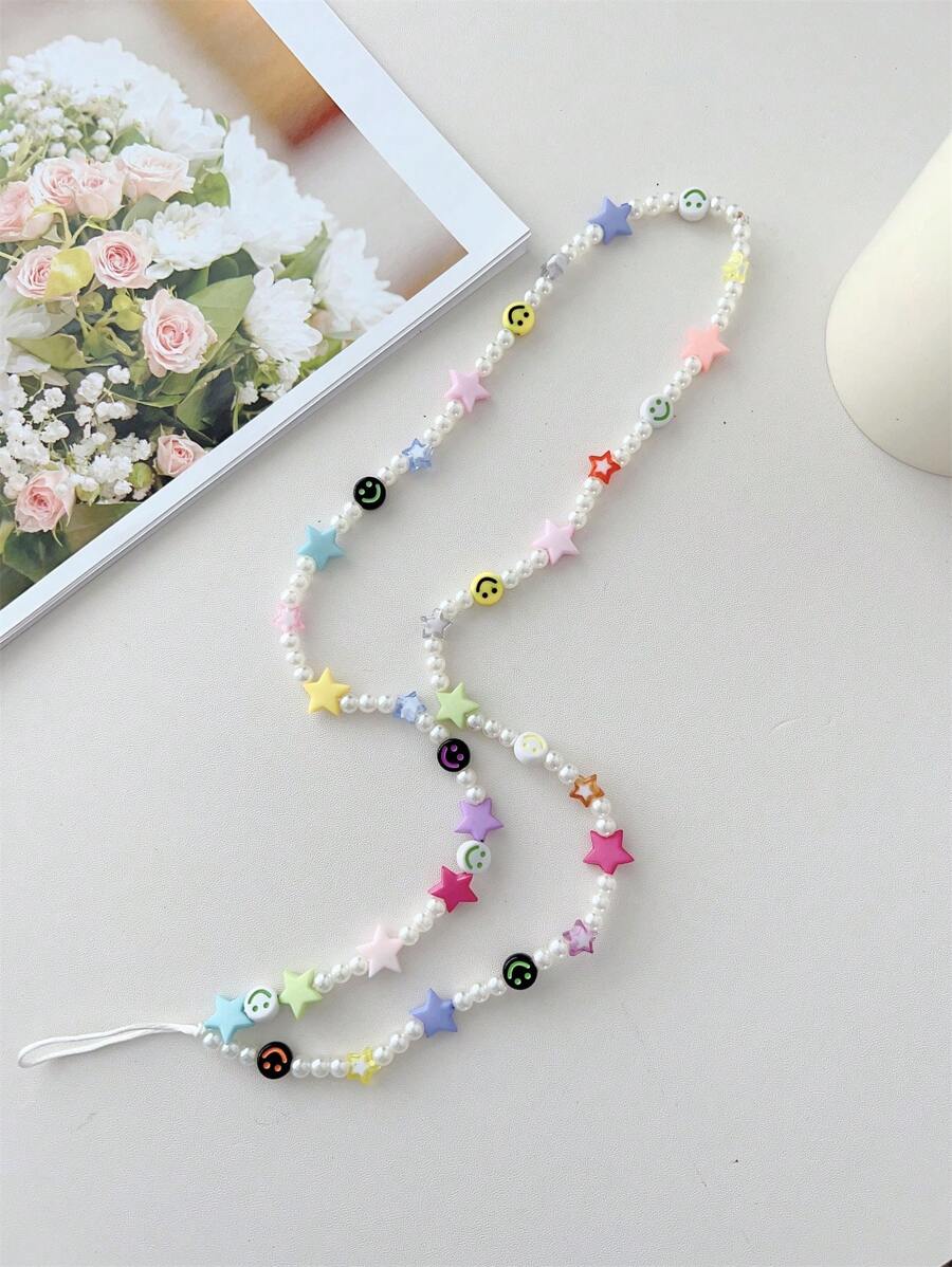 1pc Star Decor Beaded Phone Lanyard - White - View 1
