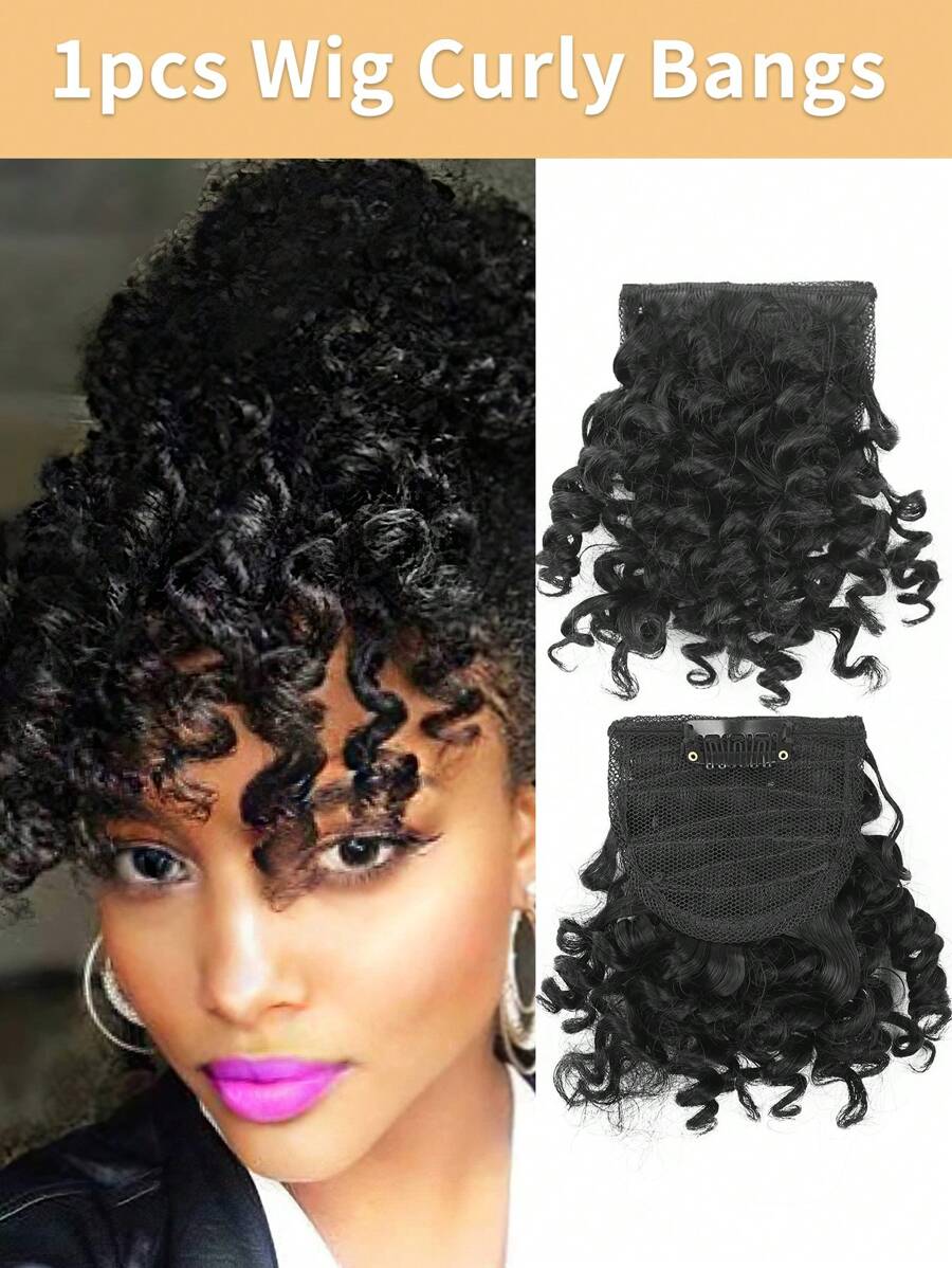 短卷合成纖維頭髮劉海 - 黑色 - 查看 1