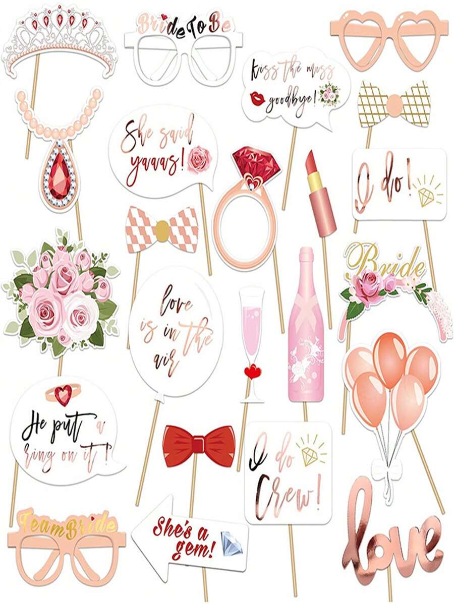 23pcs/set Paper Photobooth Prop, Creative Crown & Ring Design Party Decoration Selfie Prop For Wedding Party - Pink - View 1